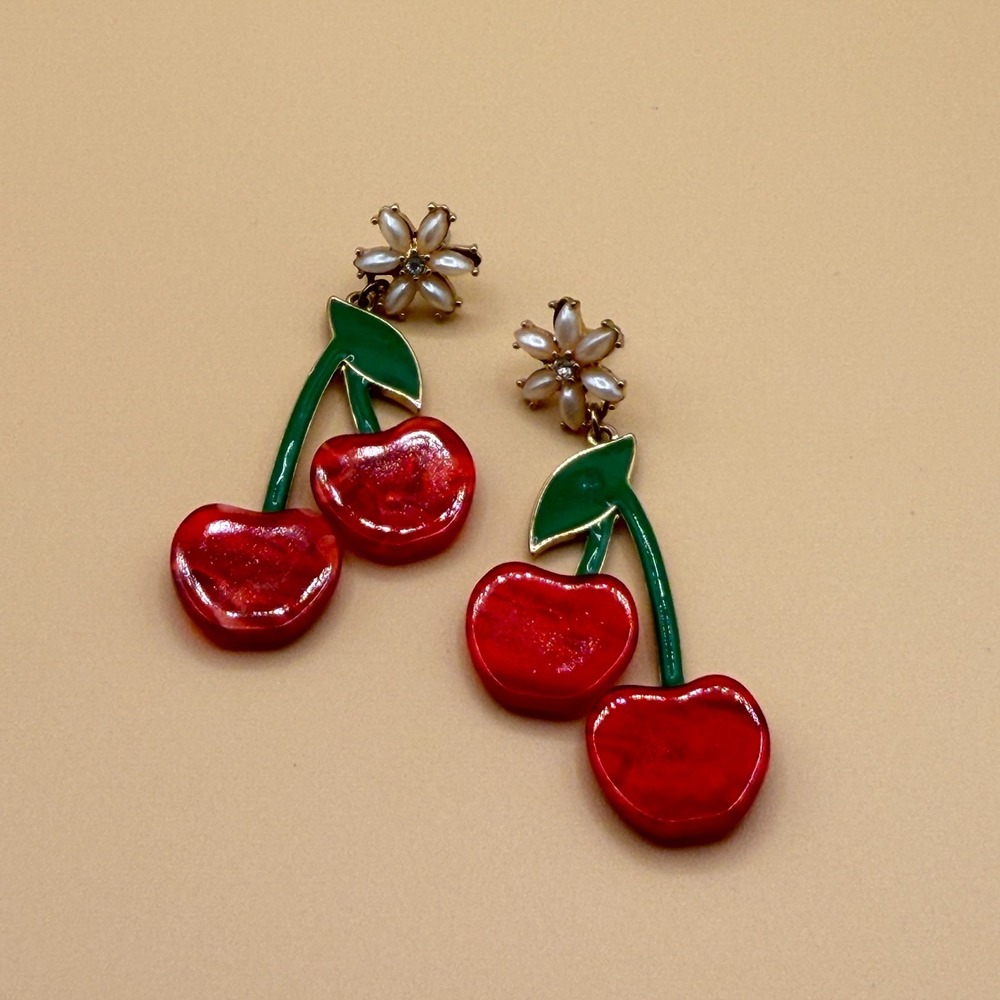 Red Cherry Dangle Earrings Pearl Flower Green Enamel Coquette Statement Gift - Picture 9 of 15